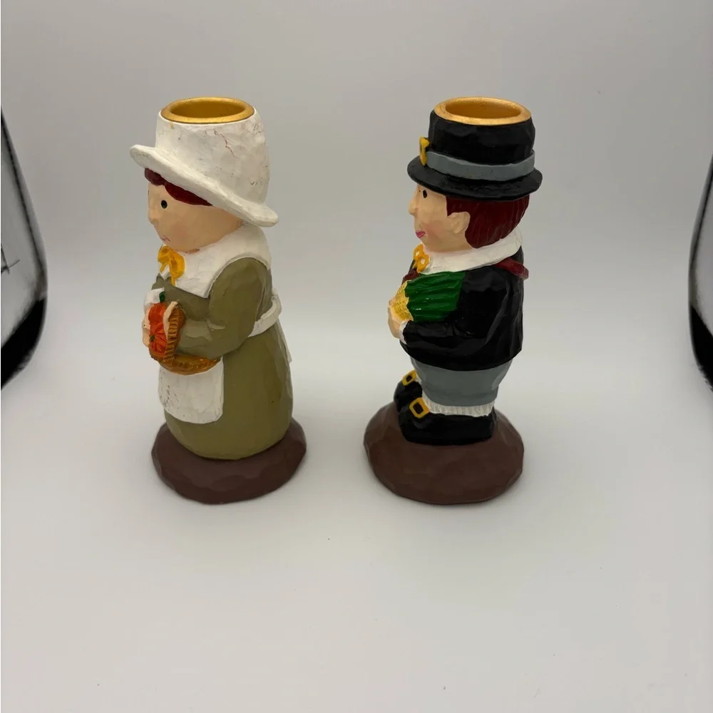 Vintage Resin Teleflora Thanksgiving Taper Candleholders • Pilgrim Couple - Picture 5 of 10